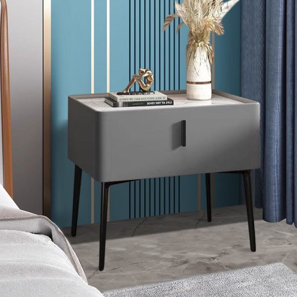 Contemporary Scandinavian Rectangular Sintered Stone Top Leather Veneered Nightstand Drawer For Bedroom - Image 8