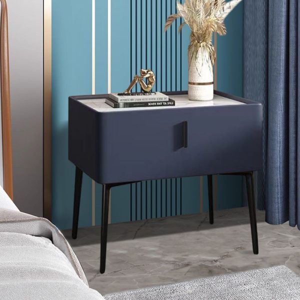 Contemporary Scandinavian Rectangular Sintered Stone Top Leather Veneered Nightstand Drawer For Bedroom - Image 9