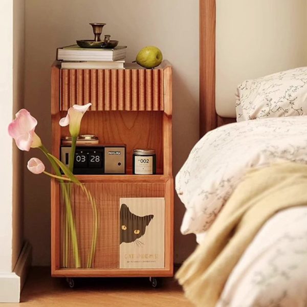 Traditional Japanese Solid Wood Glass Square Movable Nightstand Drawer Storage Shelf For Bedroom - Image 3