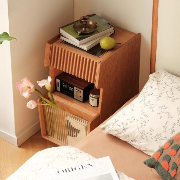 Traditional Japanese Solid Wood Glass Square Movable Nightstand Drawer Storage Shelf For Bedroom - Image 18