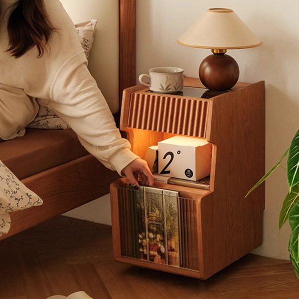 Traditional Japanese Solid Wood Glass Square Movable Nightstand Drawer Storage Shelf For Bedroom - Image 2