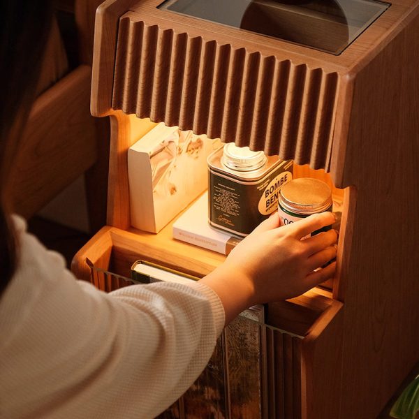 Traditional Japanese Solid Wood Glass Square Movable Nightstand Drawer Storage Shelf For Bedroom - Image 7
