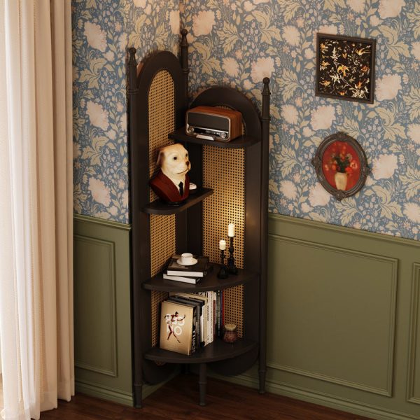 Traditional Vintage Rattan Weaving Solid Wood Corner Shelf Unit Triangle Cabinet 4-Shelf For Living Room