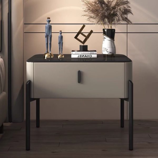 Contemporary Luxury Rectangular Tempered Glass Top Leather Veneered Solid Wood Frame Nightstand 1-Drawer For Bedroom - Image 13