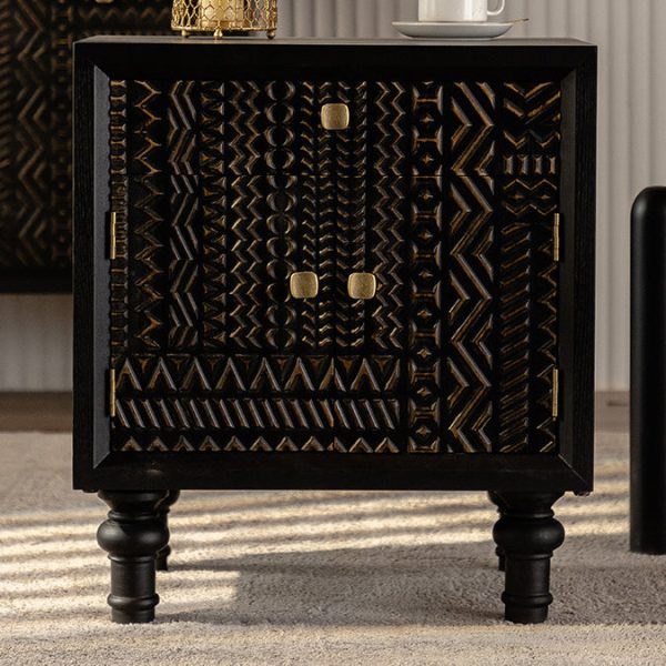 Traditional Farmhouse Geometric Cube Carved Pattern Solid Wood Nightstand Drawer Storage Cabinet For Bedroom - Image 10