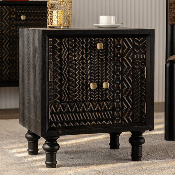 Traditional Farmhouse Geometric Cube Carved Pattern Solid Wood Nightstand Drawer Storage Cabinet For Bedroom - Image 9