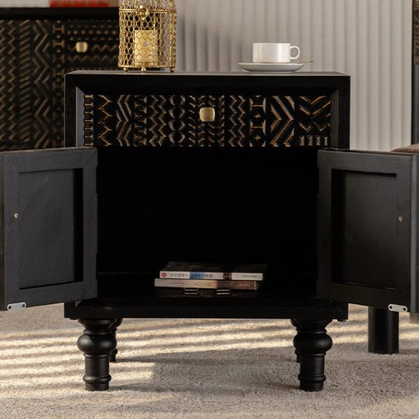 Traditional Farmhouse Geometric Cube Carved Pattern Solid Wood Nightstand Drawer Storage Cabinet For Bedroom - Image 2