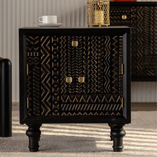 Traditional Farmhouse Geometric Cube Carved Pattern Solid Wood Nightstand Drawer Storage Cabinet For Bedroom - Image 3