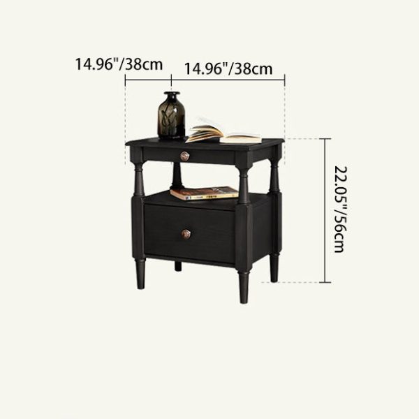 Traditional Vintage Square Solid Wood Nightstand 2-Tier Storage Drawer For Bedroom - Image 4