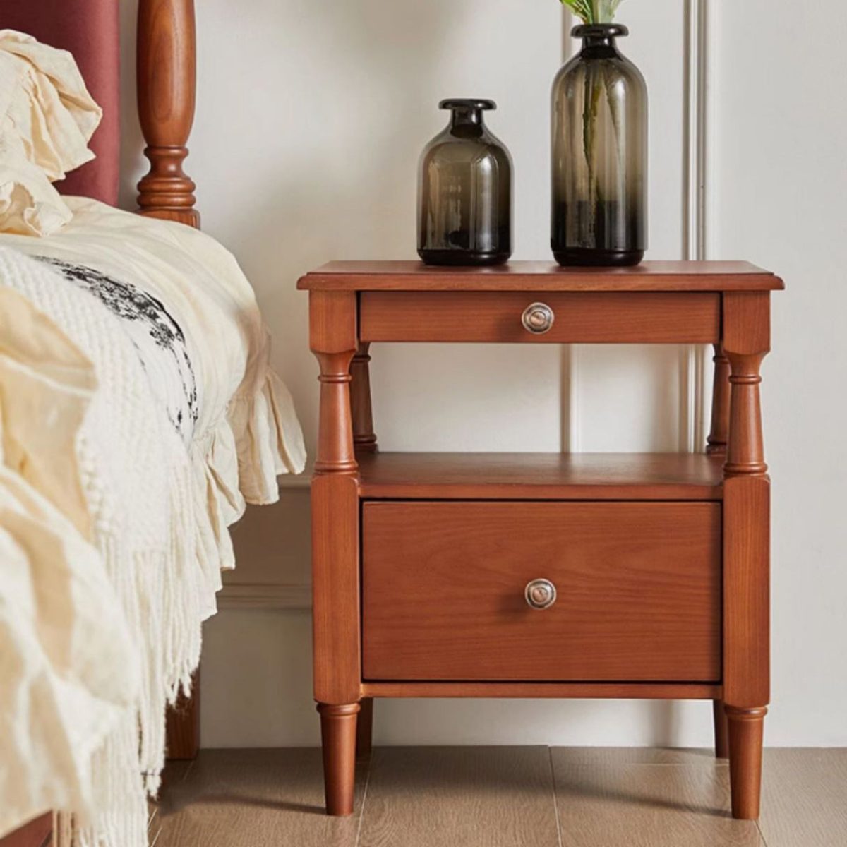 Traditional Vintage Square Solid Wood Nightstand 2-Tier Storage Drawer For Bedroom - Image 3