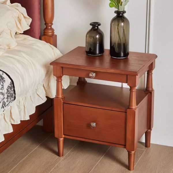 Traditional Vintage Square Solid Wood Nightstand 2-Tier Storage Drawer For Bedroom - Image 2