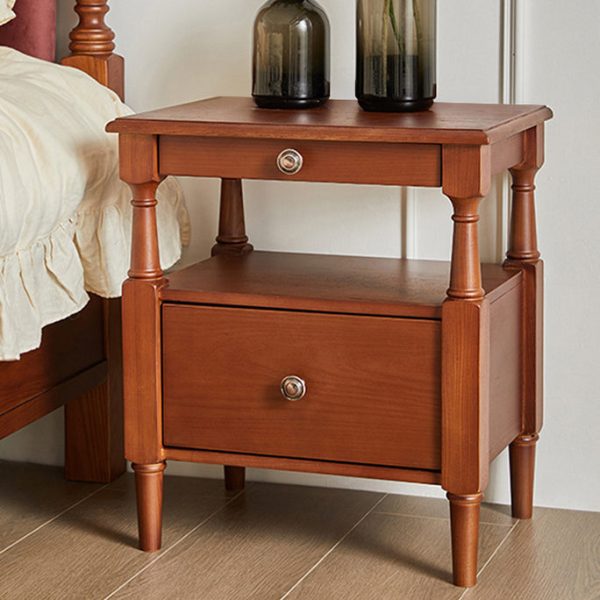 Traditional Vintage Square Solid Wood Nightstand 2-Tier Storage Drawer For Bedroom