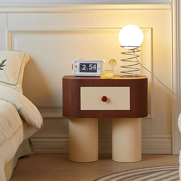 Contemporary Nordic Rounded Square MDF Top Solid Wood Base Nightstand 1-Drawer For Bedroom