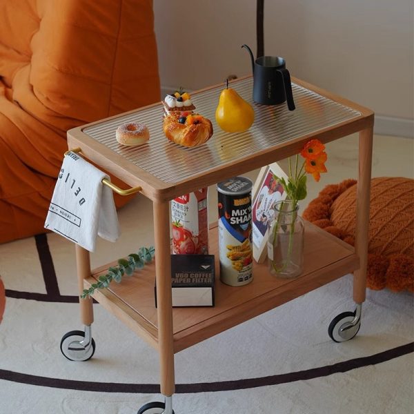 Contemporary Retro Rectangular Glass Top Solid Wood Frame End Table 2-Tier Casters For Living Room