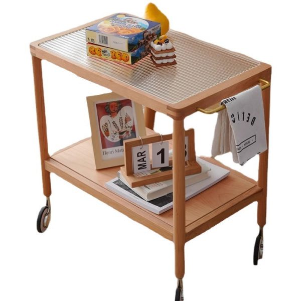 Contemporary Retro Rectangular Glass Top Solid Wood Frame End Table 2-Tier Casters For Living Room - Image 8