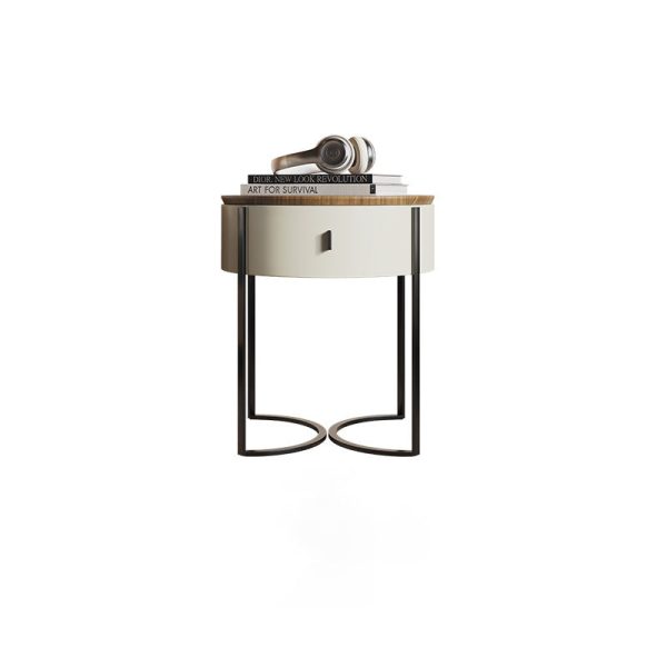 Contemporary Nordic Solid Wood Round Top Iron Nightstand 1-Drawer For Bedroom - Image 13