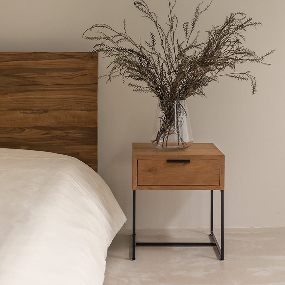 Traditional Japanese Solid Wood Iron Base Rectangular Nightstand 1-Drawer For Bedroom - Image 2