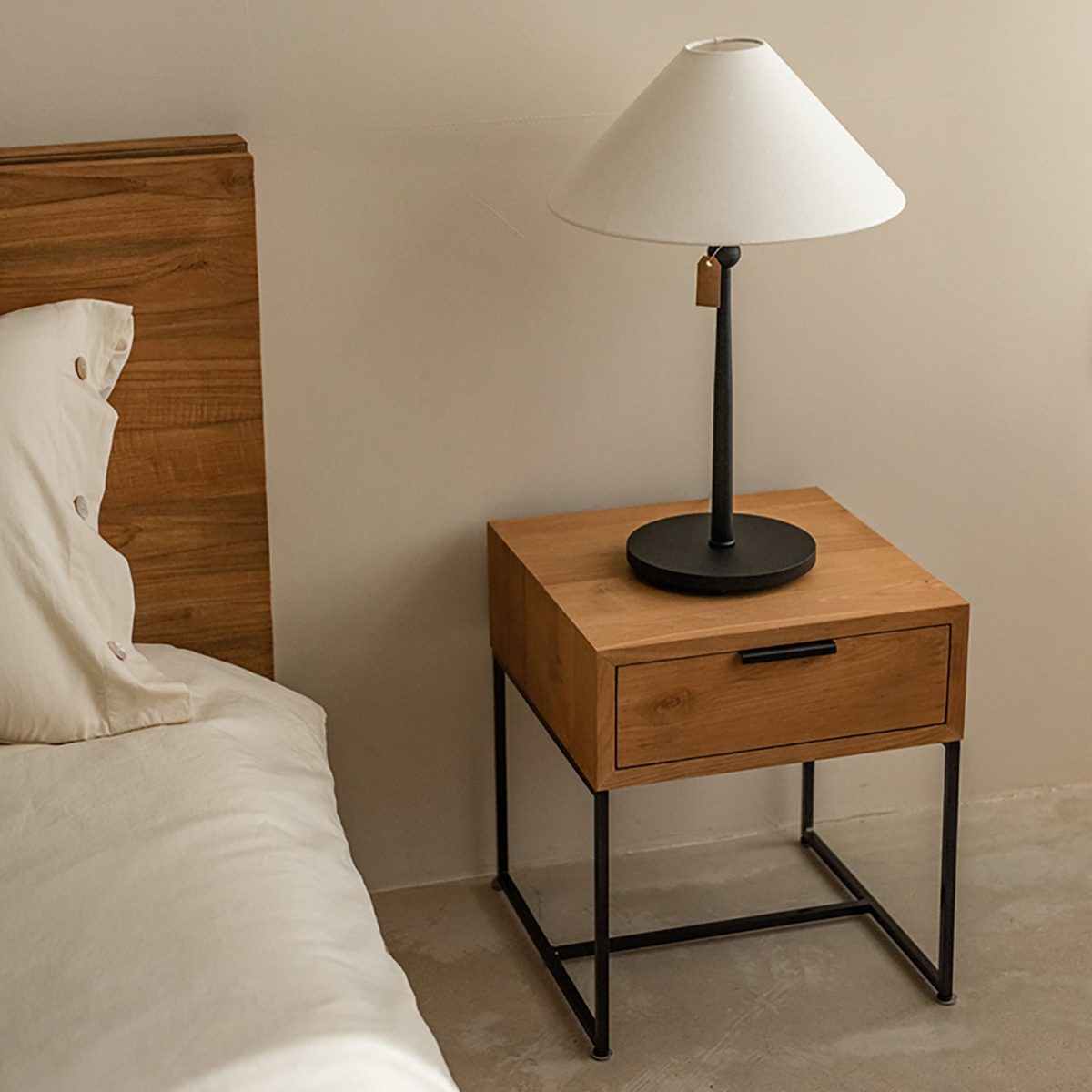 Traditional Japanese Solid Wood Iron Base Rectangular Nightstand 1-Drawer For Bedroom - Image 3
