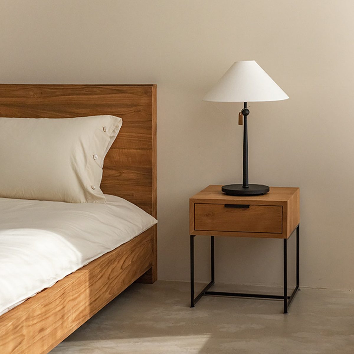 Traditional Japanese Solid Wood Iron Base Rectangular Nightstand 1-Drawer For Bedroom - Image 1