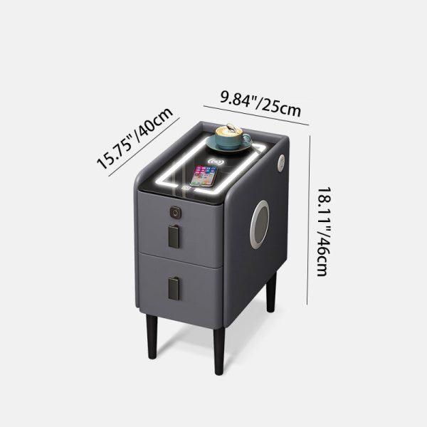 Contemporary Luxury Narrow Rectangular Glass Top Leather Veneered Multi-Functional Nightstand 2-Drawer For Bedroom - Image 3