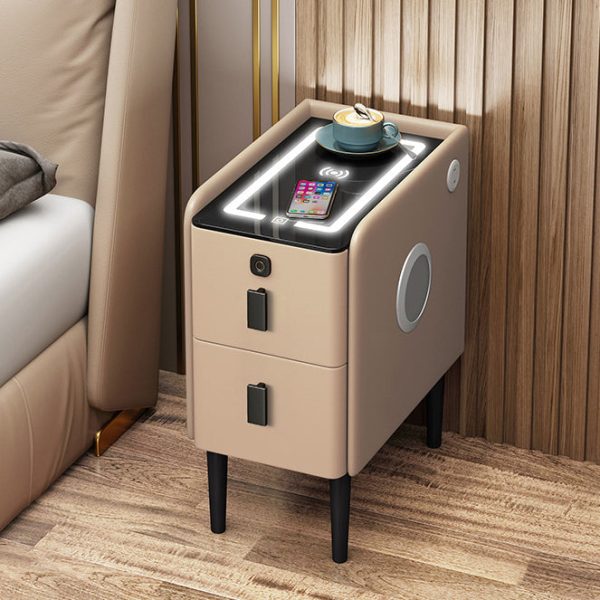 Contemporary Luxury Narrow Rectangular Glass Top Leather Veneered Multi-Functional Nightstand 2-Drawer For Bedroom - Image 9