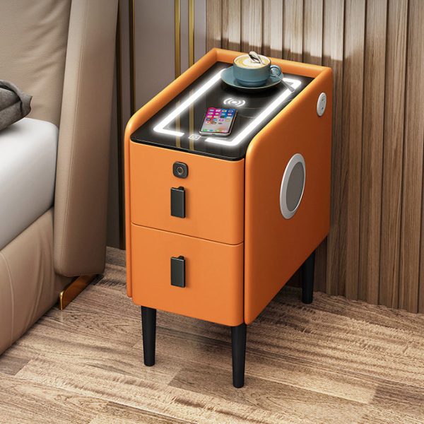 Contemporary Luxury Narrow Rectangular Glass Top Leather Veneered Multi-Functional Nightstand 2-Drawer For Bedroom - Image 11