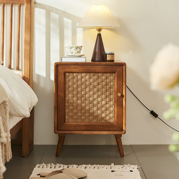 Contemporary Retro Cube Rattan Weaving Solid Wood Nightstand Storage Organizer 2-Cabinet For Bedroom