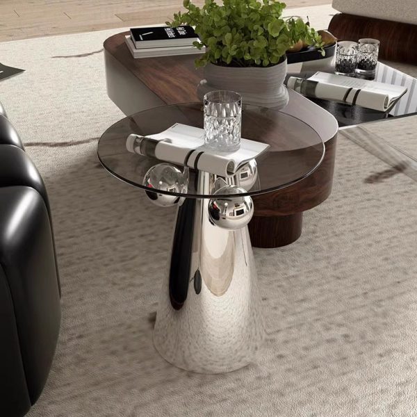 Contemporary Nordic Geometric Round Glass Top Stainless Steel End Table For Living Room