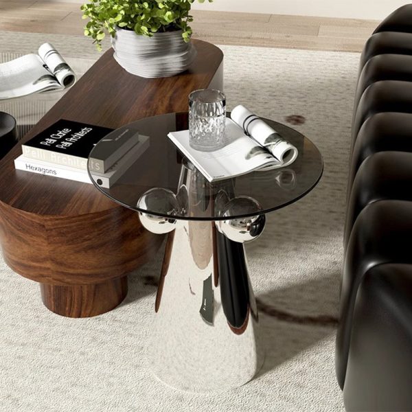 Contemporary Nordic Geometric Round Glass Top Stainless Steel End Table For Living Room - Image 7