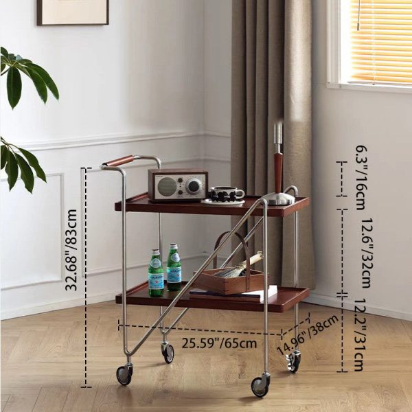 Contemporary Retro Rectangular Solid Wood Tray Top End Table 2-Tier Rolling Cart For Living Room - Image 3