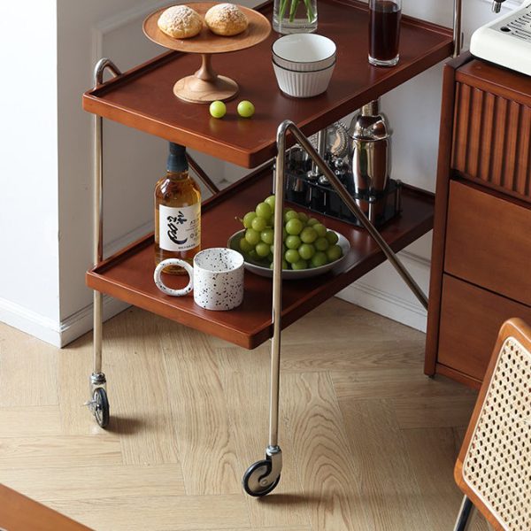 Contemporary Retro Rectangular Solid Wood Tray Top End Table 2-Tier Rolling Cart For Living Room - Image 9