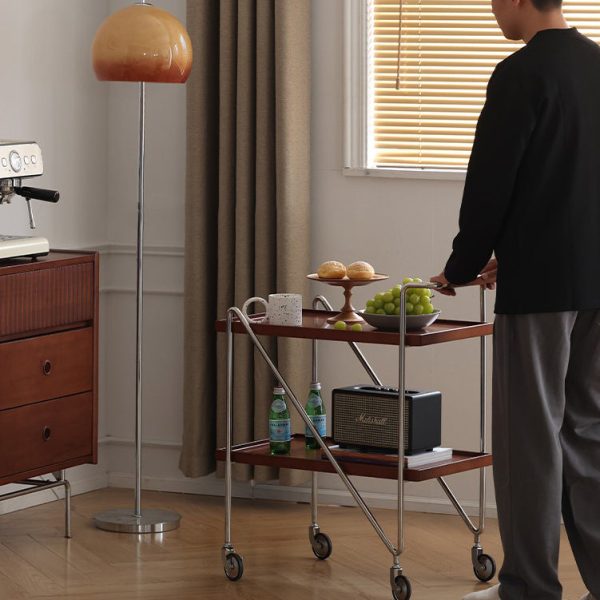 Contemporary Retro Rectangular Solid Wood Tray Top End Table 2-Tier Rolling Cart For Living Room - Image 11