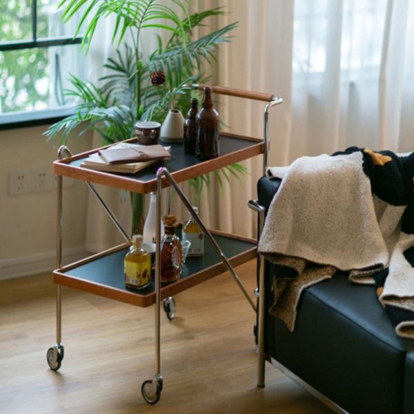 Contemporary Retro Rectangular Solid Wood Tray Top End Table 2-Tier Rolling Cart For Living Room - Image 12