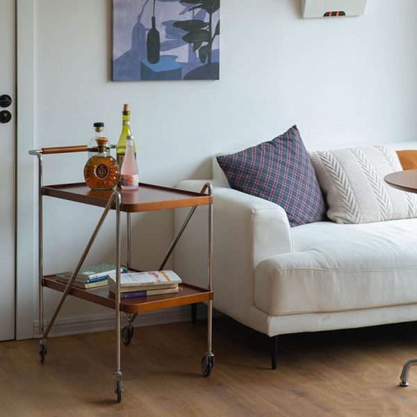 Contemporary Retro Rectangular Solid Wood Tray Top End Table 2-Tier Rolling Cart For Living Room - Image 13