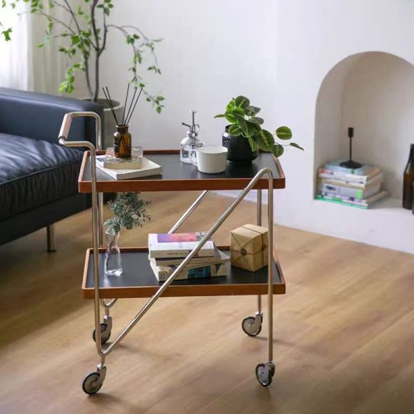 Contemporary Retro Rectangular Solid Wood Tray Top End Table 2-Tier Rolling Cart For Living Room - Image 14