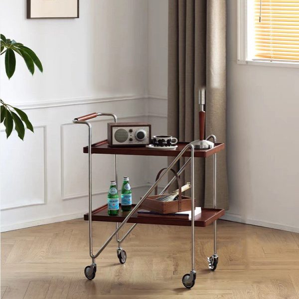 Contemporary Retro Rectangular Solid Wood Tray Top End Table 2-Tier Rolling Cart For Living Room