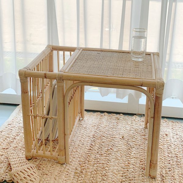 Traditional Japanese Tatami Square Bamboo Rattan Woven End Table Storage Cabinet For Living Room - Image 10