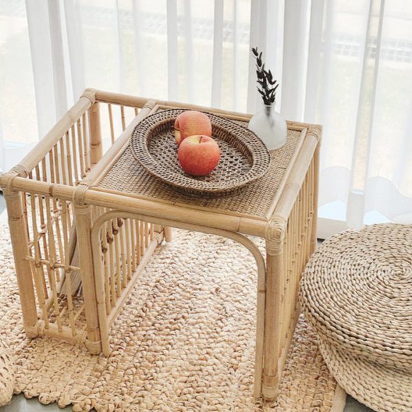 Traditional Japanese Tatami Square Bamboo Rattan Woven End Table Storage Cabinet For Living Room - Image 9
