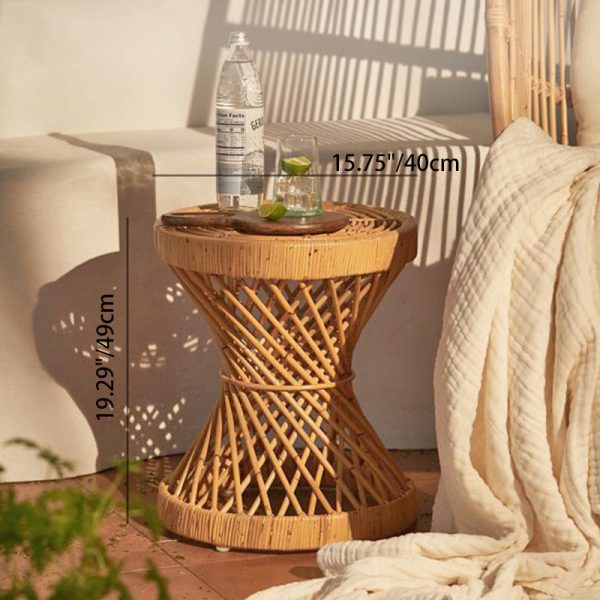 Contemporary Boho Rattan Woven Round Top Hourglass Shape Coffee Table For Living Room - Image 4