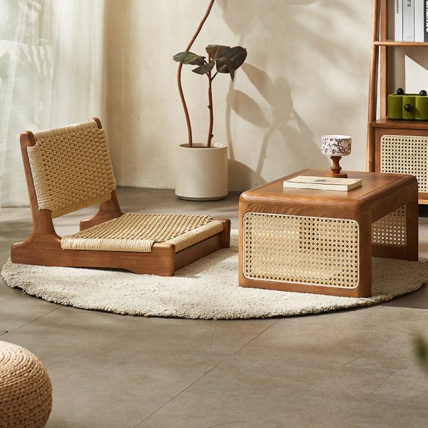 Traditional Japanese Tatami Braided Rope Solid Wood Frame Square Lounge Chair Backrest For Living Room - Image 10