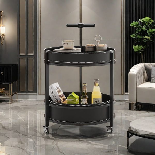 Contemporary Luxury Leather Round Top Iron Frame End Table Rolling Cart 2-Tier Storage Shelves For Living Room