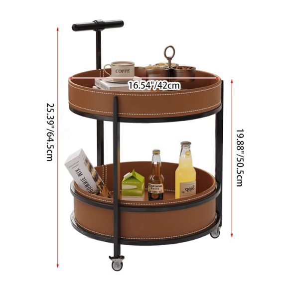 Contemporary Luxury Leather Round Top Iron Frame End Table Rolling Cart 2-Tier Storage Shelves For Living Room - Image 3