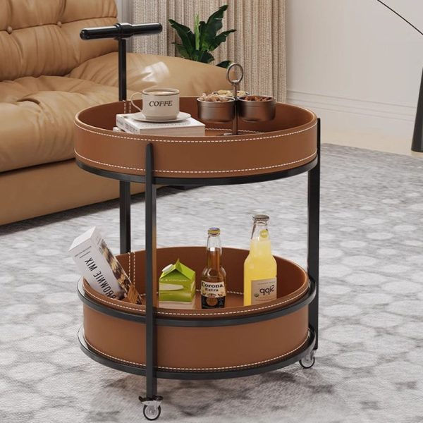 Contemporary Luxury Leather Round Top Iron Frame End Table Rolling Cart 2-Tier Storage Shelves For Living Room - Image 10