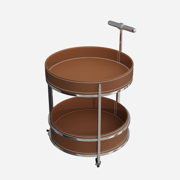 Contemporary Luxury Leather Round Top Iron Frame End Table Rolling Cart 2-Tier Storage Shelves For Living Room - Image 11