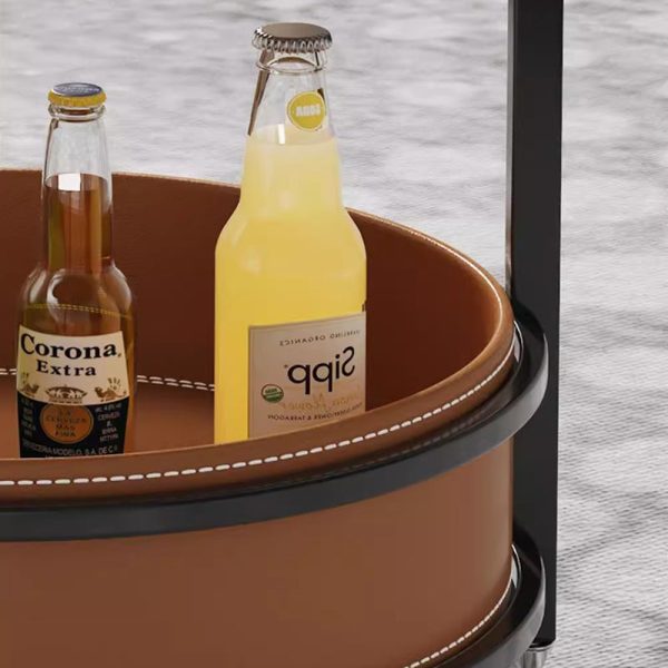 Contemporary Luxury Leather Round Top Iron Frame End Table Rolling Cart 2-Tier Storage Shelves For Living Room - Image 6