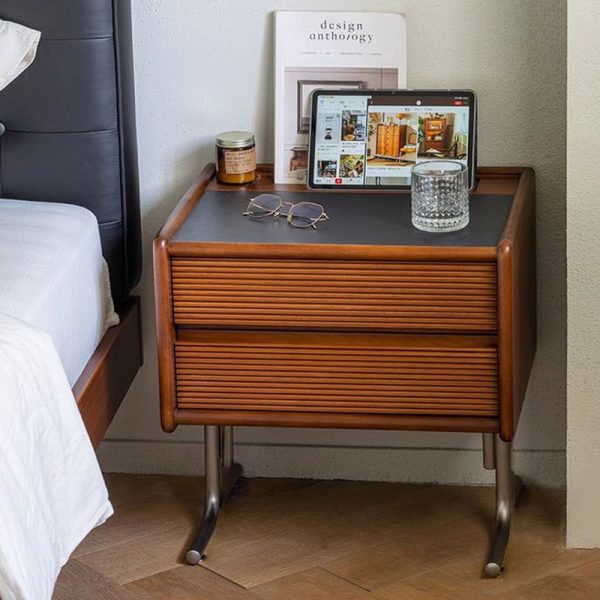 Traditional Vintage Sintered Stone Rectangular Top Solid Wood T-Shaped Stainless Steel Legs Nightstand 2-Drawer For Bedroom - Image 17