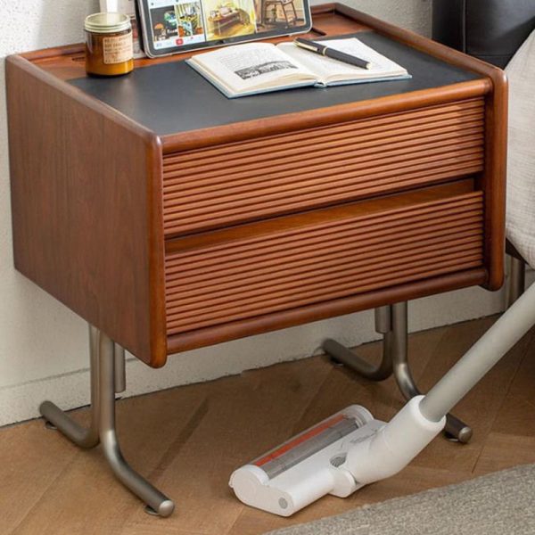 Traditional Vintage Sintered Stone Rectangular Top Solid Wood T-Shaped Stainless Steel Legs Nightstand 2-Drawer For Bedroom - Image 12