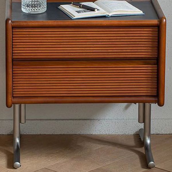 Traditional Vintage Sintered Stone Rectangular Top Solid Wood T-Shaped Stainless Steel Legs Nightstand 2-Drawer For Bedroom - Image 10