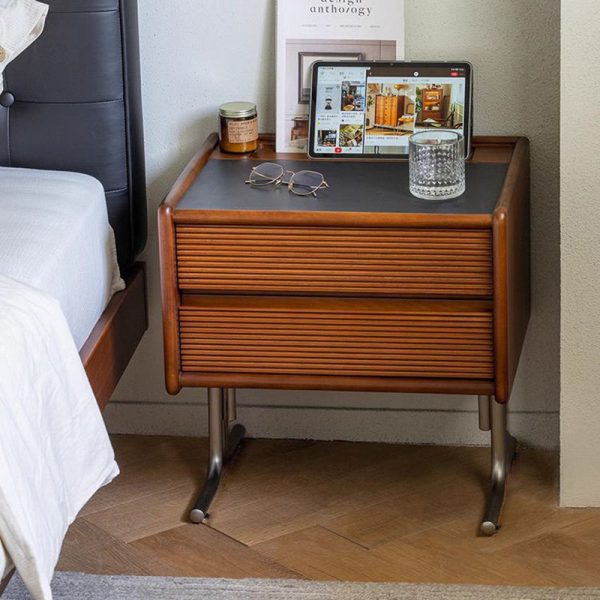 Traditional Vintage Sintered Stone Rectangular Top Solid Wood T-Shaped Stainless Steel Legs Nightstand 2-Drawer For Bedroom - Image 3