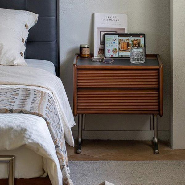 Traditional Vintage Sintered Stone Rectangular Top Solid Wood T-Shaped Stainless Steel Legs Nightstand 2-Drawer For Bedroom - Image 2